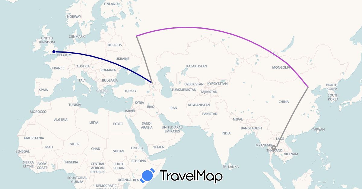 TravelMap itinerary: driving, plane, train in China, United Kingdom, Georgia, Mongolia, Russia, Thailand (Asia, Europe)